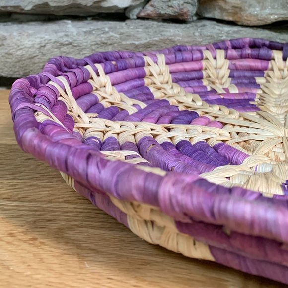 Purple Seagrass Coil Basket Tray Boho Decor Dorm Wall Art Scallop Bohemian - Picture 2 of 8